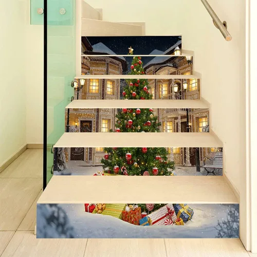 Vista 3 de Pegatinas de Año Nuevo Navidad 3D Escalera Pegatinas (6 Piezas/Pieza) Pasillos Decorativos Hogar PVC Impermeable Pared Pegatinas