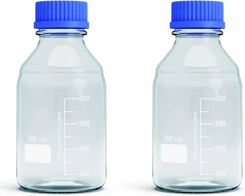 Vista 7 de Botellas de vidrio de borosilicato - 2 botellas redondas de almacenamiento de medios - 8.5 fl oz con tapa de rosca azul GL45