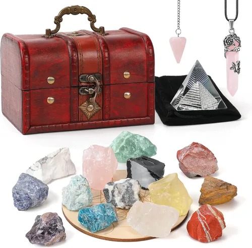Vista 16 de Juego de 14 piedras de cristal curativo para chakras, con caja de madera de regalo para principiantes, meditación, reiki, yoga, colección
