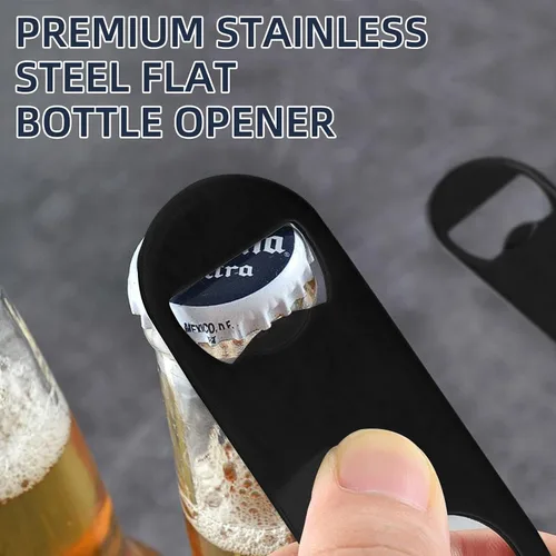 Vista 3 de Paquete de 25 abrebotellas planos de acero inoxidable con llavero de 3.5 pulgadas, mini abrebotellas de cerveza plano negro, llavero para barman