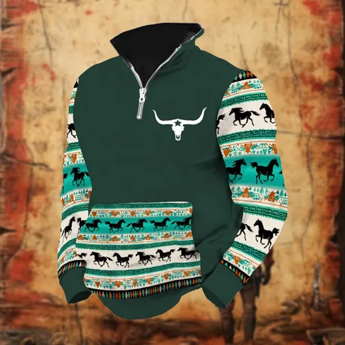Vista 2 de LOAIHA Native American - Sudadera con capucha para hombre, manga larga, cremallera de 1/4, chaqueta vaquera