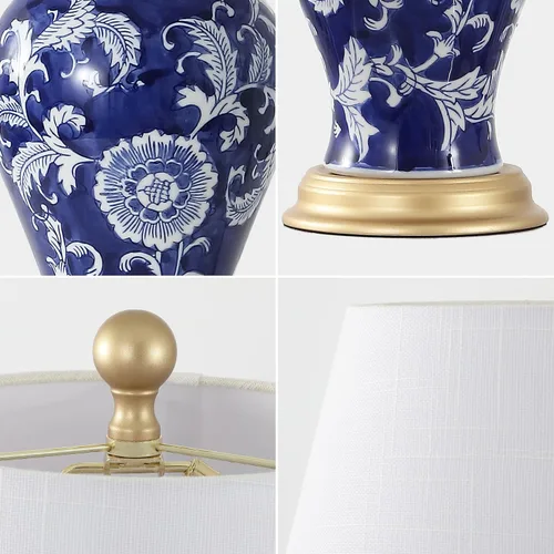 Vista 6 de JONATHAN Y JYL3009E Grace 24" lámpara de mesa LED de cerámica/hierro estilo floral de campo francés, azul marino/blanco para dormitorio, sala