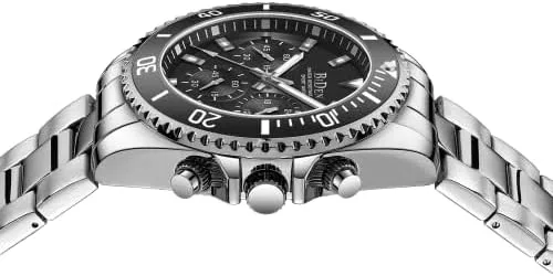 Vista 4 de Relojes para hombre, cronógrafo, acero inoxidable, impermeable, fecha analógica, de cuarzo, de negocios, relojes de pulsera, A2-plata