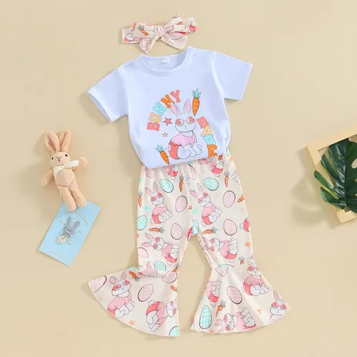 Vista 3 de Rtnnsbbfcm Conjunto de camiseta de manga corta para bebé niña con estampado de trébol irlandés y pantalones acampanados para el día de San Patricio