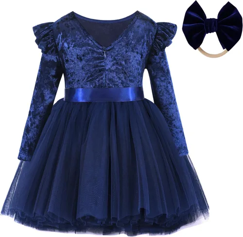 Vista 2 de Extrabeauty Vestido de terciopelo para niñas pequeñas, vestido de fiesta tutú de tul de manga larga para ocasiones especiales
