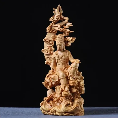 Vista 3 de Estatua de kuanyin de Feng Shui, estatua de boj quanyin, decoración de estante de escritorio, obra de arte tallada a mano para decoración de oficina