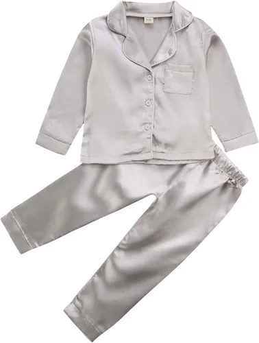 Vista 10 de Conjunto de pijama de satén para niños, niña y niño, con botones, camiseta para dormir+pantalones largos, ropa para dormir y de estar en casa W Rosa