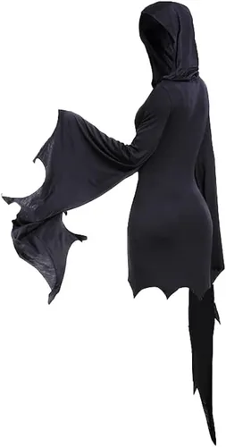 Vista 7 de Mingyuezai Disfraz de grito para mujer, disfraz de bruja con manga de murciélago, vestido largo gótico de Halloween