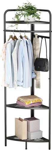 Vista 7 de DOORXIFO Percheros de ropa negros de esquina independientes, percheros de metal negros con ganchos, perchero de ropa resistente moderno con 3