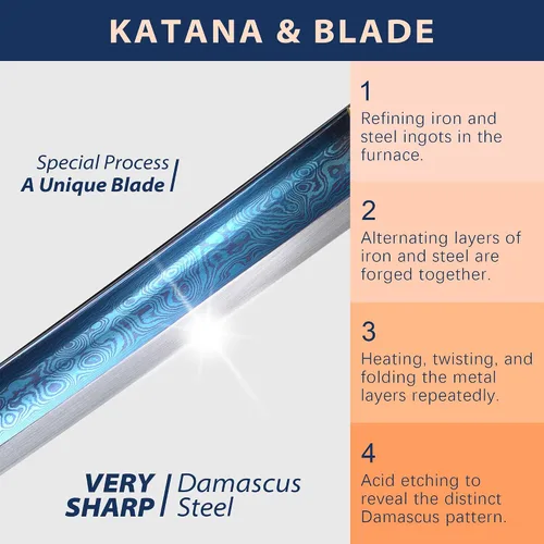 Vista 3 de entez Handcrafted Samurai Katana - Premium Damascus/T10 Clay Tempered Blades - Sharp Functional Japanese Swords, Full Tang