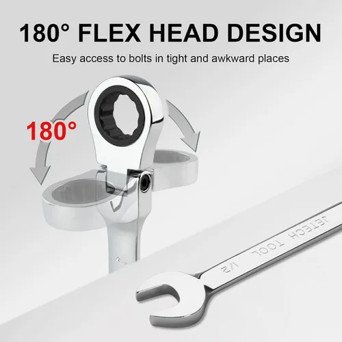 Vista 4 de Jetech Llave de engranaje de cabeza flexible de 1/2 pulgada, llave combinada de trinquete de grado industrial, acero de aleación Cr-V forjado