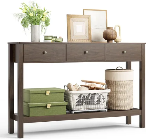 Vista 16 de Gizoon - Mesa de consola con 2 cajones, mesa de entrada de 2 niveles de madera con estantes de almacenamiento, mesa de sofá de 39" de ancho