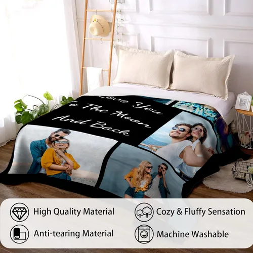 Vista 6 de Funny DIY Manta de fotos personalizada con texto, regalos personalizados para el día de San Valentín para parejas, novio, novia, manta personalizada