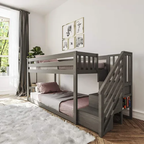 Vista 17 de Max & Lily - Litera baja, base de cama individual sobre individual para niños con escalera al final, color gris