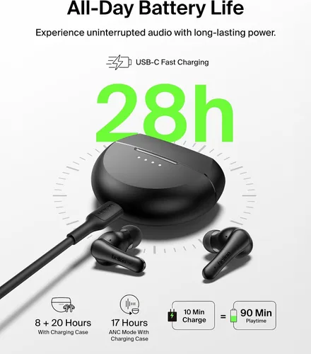 Vista 3 de Belkin SoundForm Rhythm ANC True - Auriculares inalámbricos con micrófono integrado, carga rápida USB C, duración de la batería de 28 horas