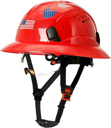 Vista 10 de Casco duro de ala completa con patrón de fibra de carbono con visera, casco de seguridad de construcción aprobado por la OSHA para hombres