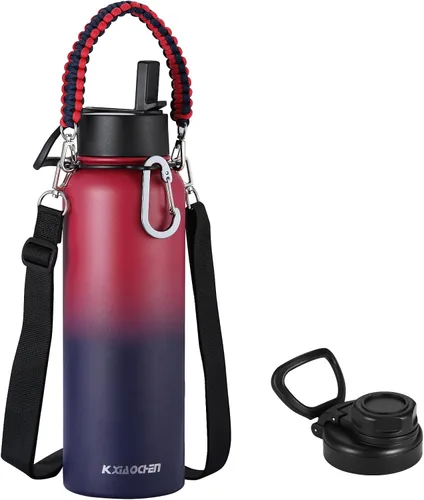 Vista 27 de KXIAOCHEN Botella de agua aislada, botella de agua de acero inoxidable, 2 tapas (con pajilla y tapa con asa), botellas de agua metálicas de boca