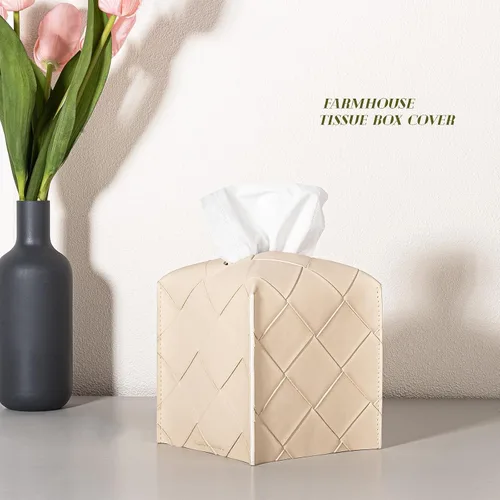 Vista 4 de Funda para Caja de Pañuelos de Cuero PU Cuadrada Soporte Organizador de Pañuelos Faciales Dispensador para Baño, Dormitorio, Encimera de Tocador