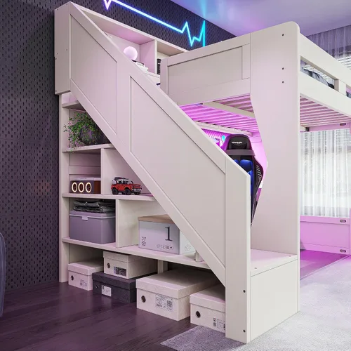 Vista 6 de Cama loft para juegos con escaleras de almacenamiento/estantes de cabecero Beige-e