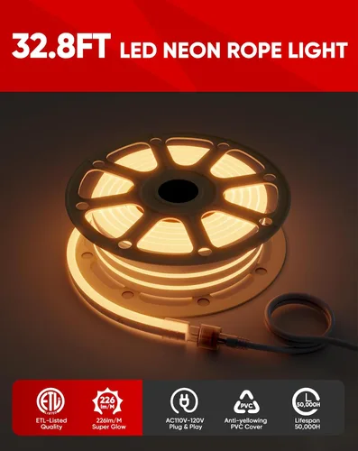 Vista 3 de Paquete de productos de cable de alimentación con kit de luces LED de neón cálidas de 2500K de 32.8 pies