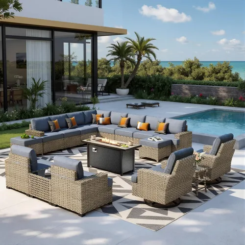 Vista 72 de HOOOWOOO Juego de muebles seccionales de patio con mesa de luz solar, 6 piezas de mimbre para exteriores, sofá en forma de L, juego de conversación