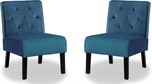 Vista 8 de Container Furniture Direct Reese - Silla moderna de mediados de siglo para sala de estar, sin brazos, con botones y patas de madera maciza, 2 azul