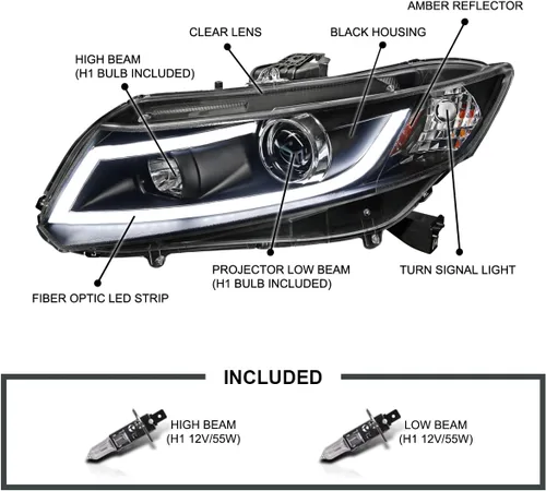 Vista 3 de SPEC-D TUNING Faros delanteros de proyector negros con barra de luz LED compatible con Honda Civic Coupe 2012-2013, Honda Civic Sedan 2012-2015