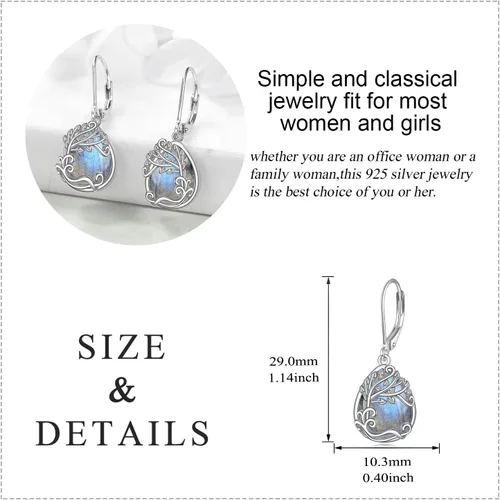 Vista 154 de Aretes colgantes con forma de lágrima de filigrana de piedra lunar de plata de ley 925 con cierre de palanca para mujer, regalos de joyería