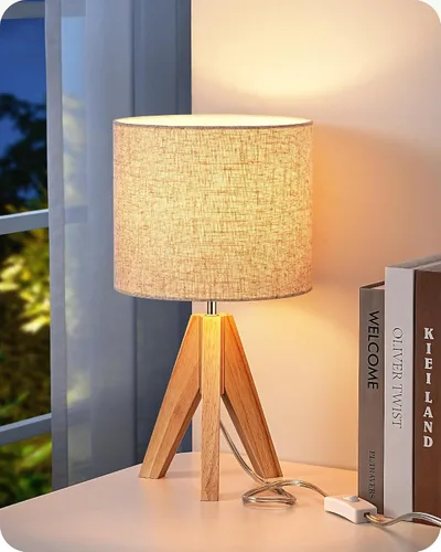 Vista 10 de EDISHINE Lámpara de mesa pequeña estilo Boho, lámpara de mesa de madera color nogal con trípode, lámpara de mesita de noche estilo granja