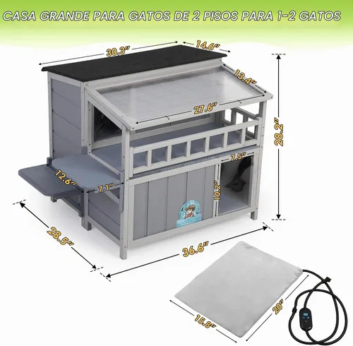 Vista 2 de Almohadilla de calefacción al aire libre para gatos, casa aislada con calefacción, refugio cálido para gatos con cama para mascotas con calefacción