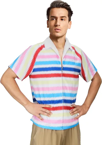 Vista 2 de Allan - Camisa de disfraz a rayas para adultos, para hombre, diseño de arco iris, playa, hawaiana, Halloween, cosplay, camisa de manga corta