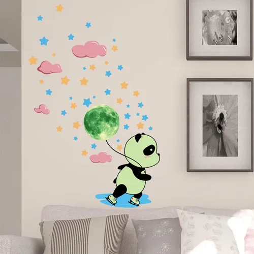 Vista 3 de Calcomanías de pared de panda que brillan en la oscuridad, 38 piezas de calcomanías fluorescentes de animales, estrellas, luna, nubes, niñas, bebés