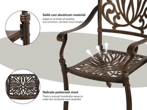 Vista 4 de TITIMO Juego de comedor de 5 piezas de aluminio fundido para patio al aire libre, 4 sillas con patrón y mesa redonda de 35.4 pulgadas, juego de Sin