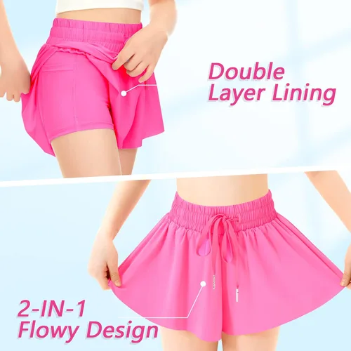 Vista 4 de Pantalones cortos fluidos de mariposa con bolsillo 2 en 1, pantalones cortos atléticos para correr, para niñas, niños, entrenamiento activo