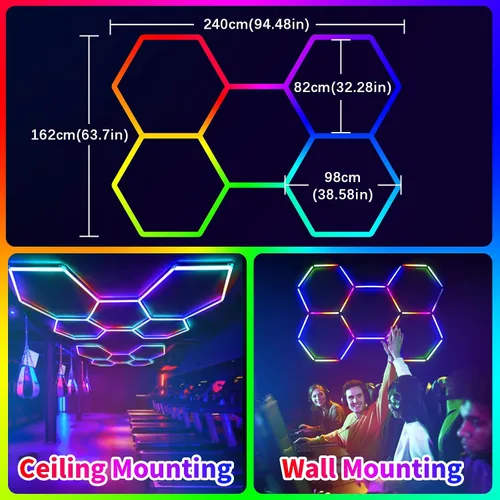 Vista 3 de Luces LED hexagonales RGB superbrillantes con aplicación y control remoto, 16 millones de colores y muchas escenas, sincronización de música