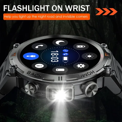 Vista 4 de Reloj inteligente militar para hombres con linterna LED 1.45 "HD 3ATM impermeable Rugged Smart Watch with 100+ Sports Modes Fitness Tracker with