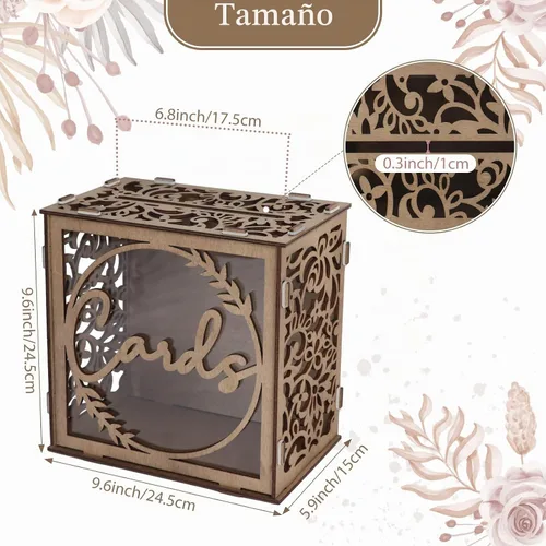 Vista 2 de OurWarm Caja de Tarjetas de Boda para Recepción, Cajas de Tarjetas de Boda de Madera con Ventana, Caja de Tarjetas de Regalo de Dinero con Sobre