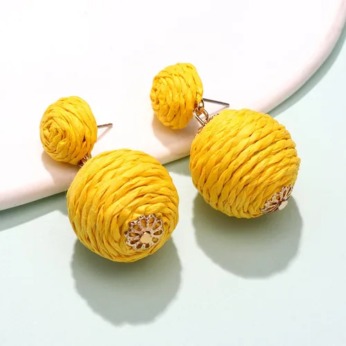 Vista 2 de Aretes de rafia, bohemios hechos a mano, de ratán de pajita, geométricos, de rafia, farol, para mujeres y niñas, joyería de playa de verano, Zinc