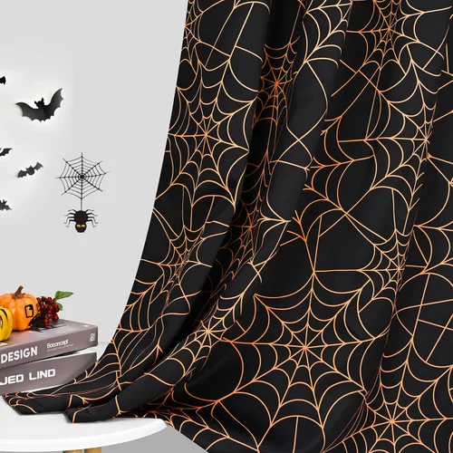 Vista 3 de Cortinas opacas de Halloween para sala de estar y dormitorio, cortina de ventana de tela de araña de 63 pulgadas de largo, 2 paneles de cortinas