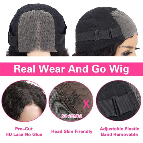 Vista 5 de Wear and Go - Peluca sin pegamento de 16 pulgadas, pelucas de cabello humano de onda profunda de 16 pulgadas, densidad del 200%, pelucas de cabello