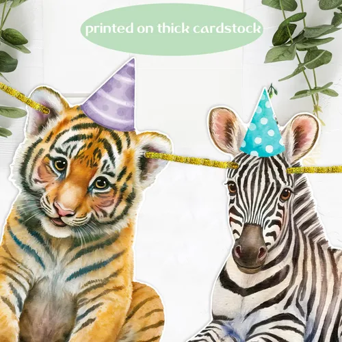 Vista 4 de Pancarta de animales de safari, 2 unidades, banderines recortados para fiesta de selva, carteles colgantes con temática de safari, decoraciones