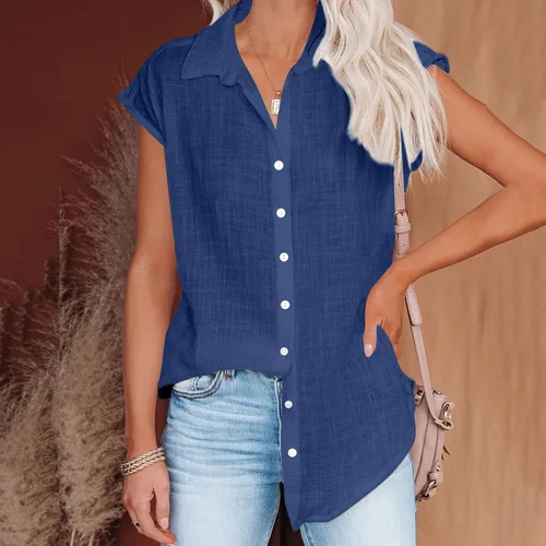 Vista 10 de Ceboyel Camisas para mujer de moda de verano, algodón, lino, manga corta, cuello con botones, blusa casual para mujer 2023