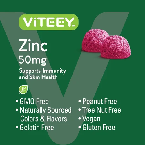 Vista 5 de Viteey Gomitas de zinc para hombres y mujeres - Suplementos de zinc 50mg Impulso inmunológico y salud de la piel, vegano, sin gluten, 60