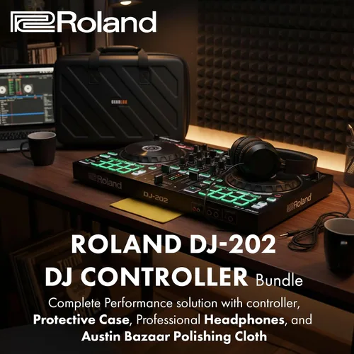 Vista 3 de Roland DJ-202 Paquete de controlador DJ con funda, auriculares y paño de pulido de Austin Bazaar