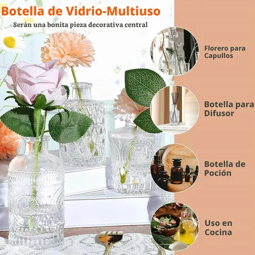 Vista 6 de Botellas de vidrio transparente con tapas, jarrones a granel, juego de 12 mini jarrones de flores para decoración de mesa, botella pequeña