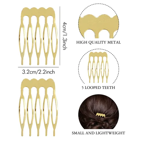 Vista 5 de Lawie Paquete de 20 peines laterales de metal dorado a granel con 5 dientes, para manualidades, manualidades, para boda, velo de novia, peinetas