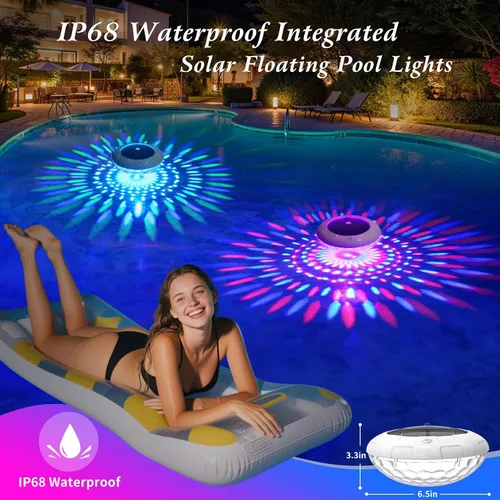 Vista 5 de Luces flotantes para piscina con control remoto, luces solares RGB de 6.5 pulgadas con 9 iluminación dinámica, IP68 impermeable, luz flotante solar