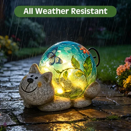 Vista 5 de Afirst Estatuas solares de jardín para exteriores, adorno de césped de gato con luces solares de vidrio agrietado, decoración al aire libre