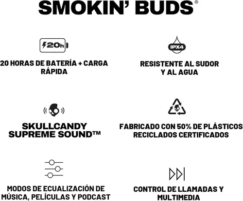 Vista 10 de Skullcandy Smokin' Buds Auriculares Inalámbricos, Auriculares Bluetooth, Ajuste de Aislamiento de Ruido, Hasta 20 Horas de Batería, IPX4 Resistente