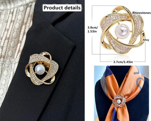 Vista 4 de 3 broches de clip para bufanda, todo en uno, elegantes diamantes de imitación florales de perlas, ropa dorada, broche de botón anudado, bufandas